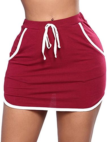 Lurdarin Womens Stripes Stitching Mini Short Skirts With Drawstring and Pocket
