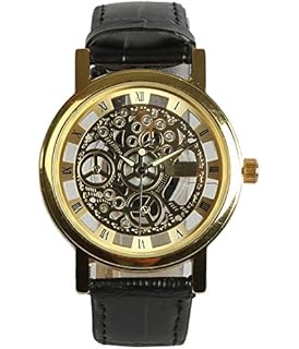 Rjcreation Leather Analog Transparent Gold Dial Men's and Boy's Watch - Open Black