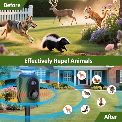 Cat Repeller Ultrasonic Solar Animal Repellent, 360° Marten Deterrent with LED Light, Cat Repellent, Marten Repellent, Garden, IP65 Waterproof, 5 Modes, Raccoon Repellent for Cats, Dogs, Martens, Mice