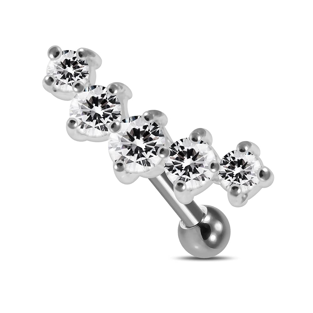 AZARIO LONDON Clear 5 CZ Stones in Curve Shaped Sterling Silver Tragus Cartilage Helix Piercing - Sold by Piece