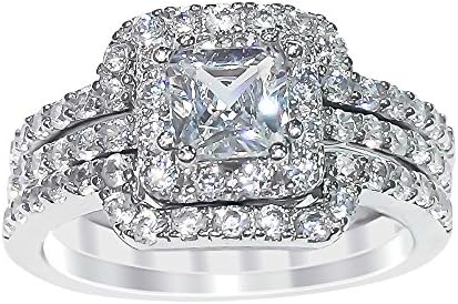 Sterling Silver Princess Cut Cubic Zirconia Engagement Ring Wedding Band Set (5)