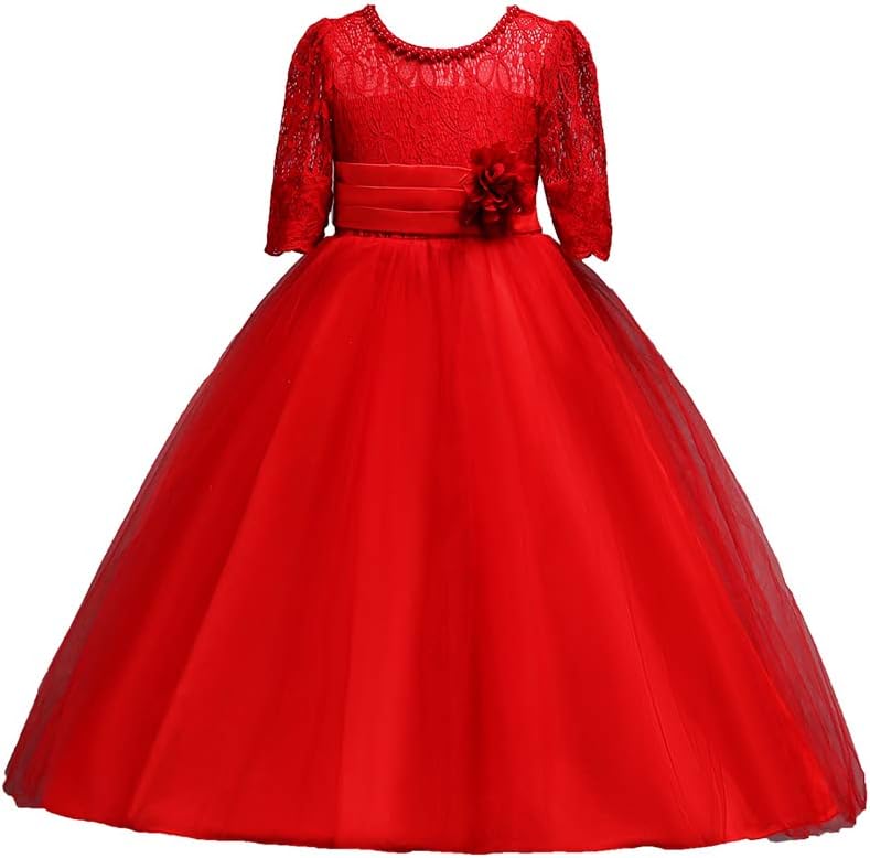 TYQQU Girl's Embroidery Lace Puffy Dress Casual Round Neck Long Dress Short Sleeve Dress