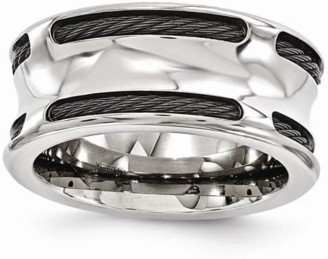 Men's Wedding Band Black Titanium &amp; Stainless Steel Cable Polished Band 10mm