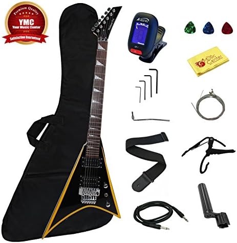 Stedman Flying V Series Electric Guitar With Many Accessories - Black with Yellow Stripe
