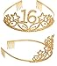 MEANT2TOBE 16th Birthday Sash and Tiara for Girls - Fabulous Set: Glitter Sash + Stars Rhinestone Gold Premium Metal Tiara, 16th Birthday Gifts for Sweet 16 Birthday Party
