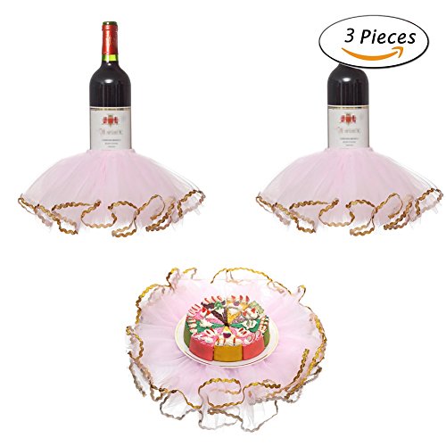 Haperlare 3pcs Elegant Red Wine Bottle Cover Tulle Wine Bottle Skirt with Glitter Gold Brims for Wedding Party Baby Shower Christmas Birthday Cake Dessert Table Decorations,Pink