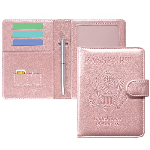 DMLuna Passport Holder Premium PU Leather Travel Passport Wallet RFID Blocking Passport Cover Case Travel Documents Organizer with Magnetic Closure, Free Mini Pen, for Women and Men, Rose Gold