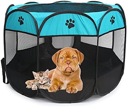 Petoice 2-Door Foldable Portable Mesh Pet Playpen Kennel Pens for Dogs Cats Rabbits Outdoor Indoor,Blue,M(35.4"L x 35.4"W x 23.6"H)