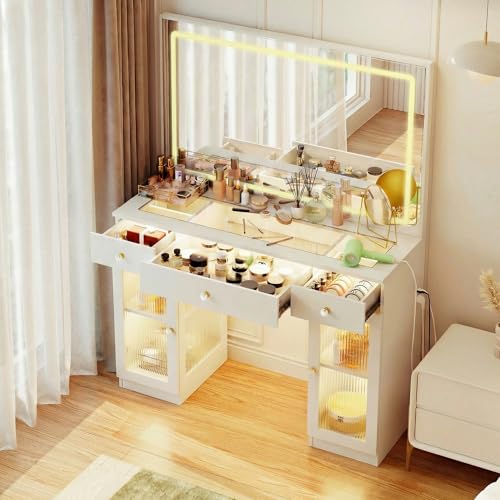 Pamapic Makeup Vanity Desk with Mirror and Lights, LED Light Strip Vanity with Glass Top, Crystal Knobs and Translucent Cabinet Doors, 3 Lighting Modes White Vanity with 3 Drawers