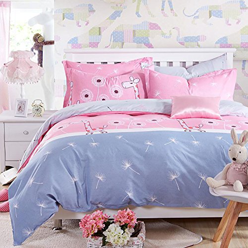 Zehui Adorable Dandelion and Giraffe Print Duvet Cover Set Kid's Bed Student Dorm Bed Home Bedding Pink Cartoon Quilt Cover Set 180x220cm