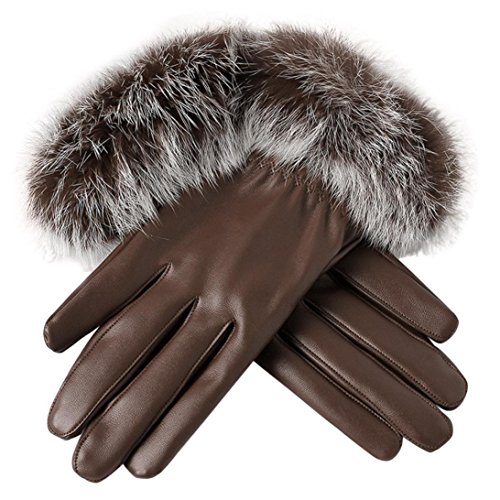 Women Leather Gloves, HHei_K Lady Autumn Winter Warm Rabbit Fur Mittens (Coffee, all yards)