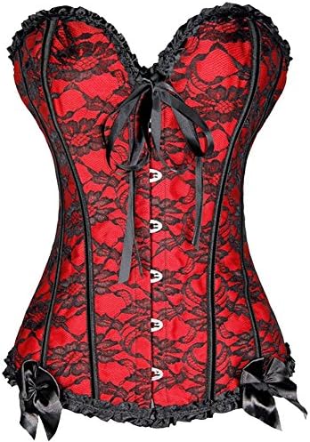 Womens Floral Black Lace Trim Corset Overbust Waist Cincher Bustier Plus Size (5XL, Red)