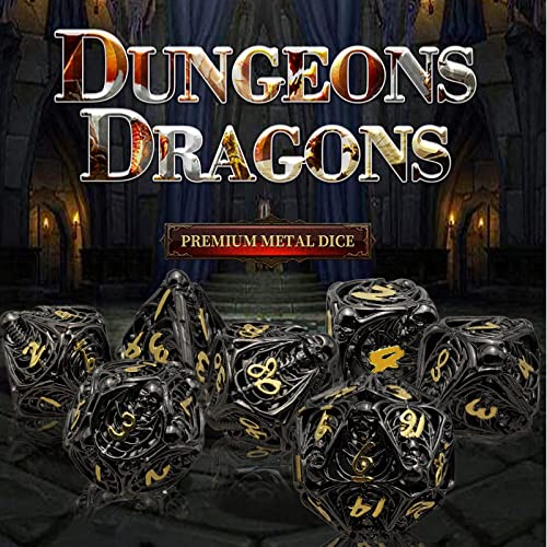 DND Metal Dice Set, Hollow Skull D&D Dice Sets, ZHOORQI 7Pcs Bronze Polyhedral Dices for Tabletop Games Dungeons and Dragons D&D Dice MTG Pathfinder Role Playing Game DND Collection (Black Gold)