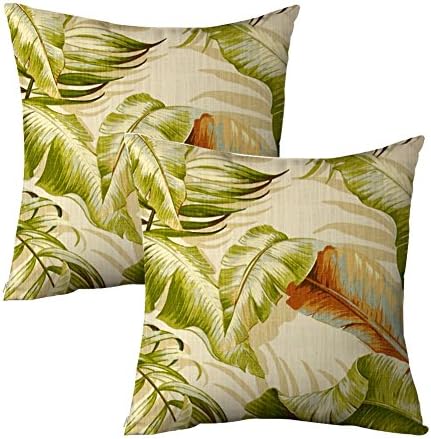 Set of 2 Tropical Leaves Decorative Pillow Case Home Decor Canvas Accent Pillow Covers 18 x 18 Inch Square Sofa Pillow Sham