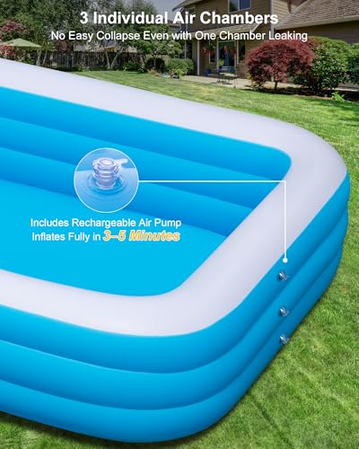 Inflatable Pool for Adults and Kids, 130"x72"x22" Full Size Inflatable Pools with Lights & Pump, Large Blow Up Pool for Family, Thickened Inflatable Swimming Pool for Outdoor Backyard