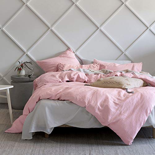 Lausonhouse French Linen Duvet Cover Set,100% Linen Comforter case with 2 Pillowshams, Luxurious Linen Bedding Set, 3 Pieces - King - Light Pink