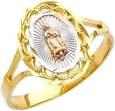 Saint Collection Polished 14k Tri-Color Gold Oval Miraculous Medal Charm Our Lady of Guadalupe Ring