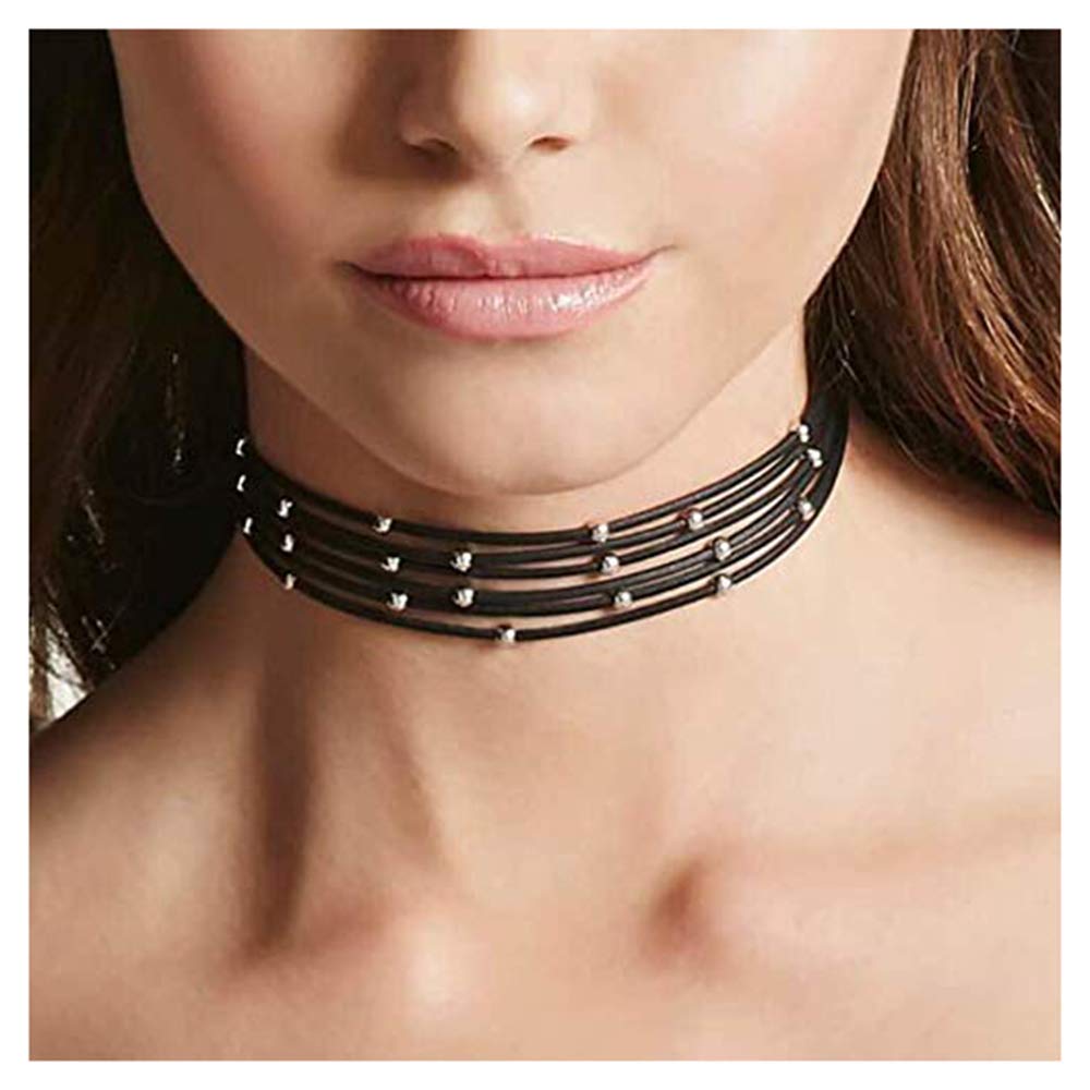 Anglacesmade Bohemia Layered Choker Necklace Black Suede Choker Leather Choker with Silver Beads Multilayer Choker for Women and Girls