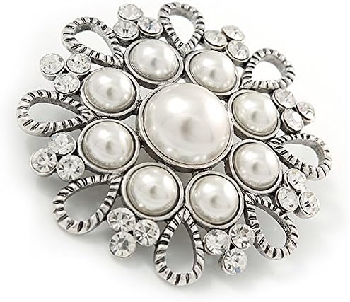 Vintage Inspired Bridal/Wedding/Prom Glass Pearl, Clear Crystal Flower Brooch In Silver Tone - 50mm D, silver, white / ivory - Image 3