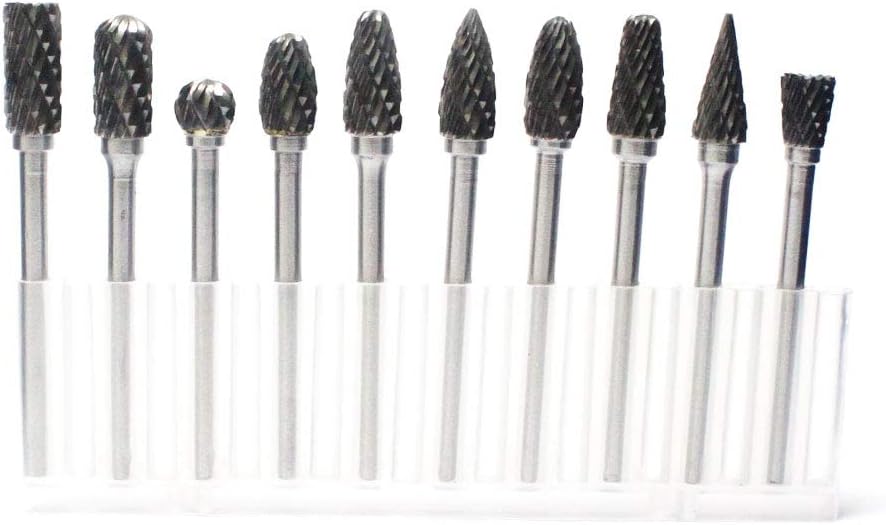 Oudtinx 10pcs 1/8" Shank Tungsten Steel Solid Carbide Rotary Files Diamond Burrs Set Fits Rotary Tool for Woodworking Drilling Carving Engraving