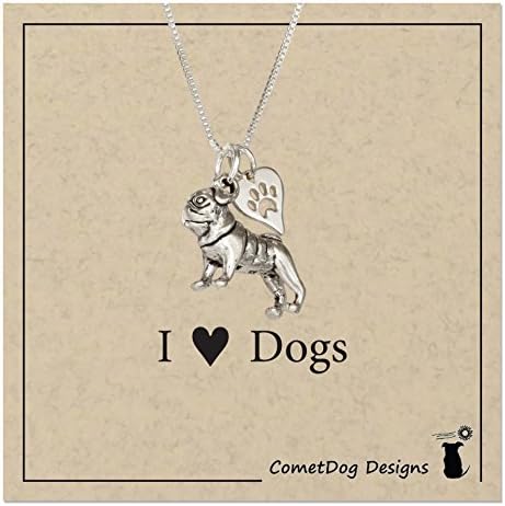 Sterling Silver 18 inch Pug Pendant Necklace with Dog Paw Print Heart