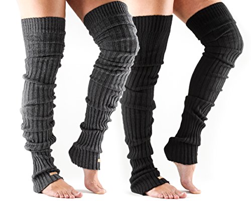 Toesox Thigh High Ribbed Knit Leg Warmers For Yoga & Dance 2 Pk (Black/Charcoal)