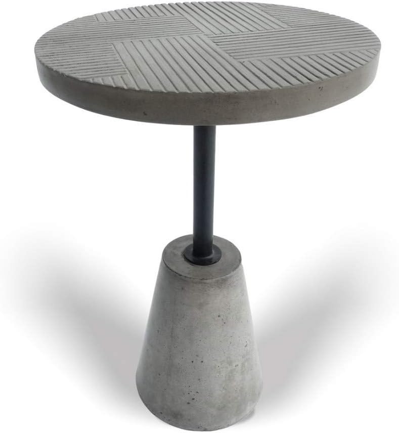 Limari Home Berger Collection Modern Style Living Room Concrete Round End Table With Metal Bar & Line Details On Top, Gray & Black