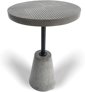Limari Home Berger Collection Modern Style Living Room Concrete Round End Table With Metal Bar & Line Details On Top, Gray & Black
