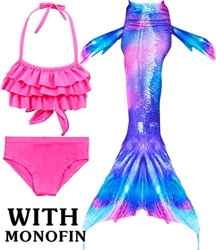 4 PCS Girls Swimsuit Mermaid Tail for Swimming Kids Mermaid Swimwear Set Bathing Suit Princess Costumes (with Monofin)