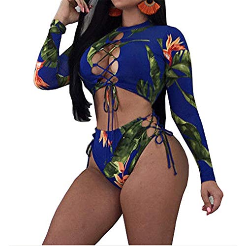 Women Floral Long Sleeve Tie Side 2-Pieces Swimsuit Bathing Suit Swimwear (Navy Blue, S)