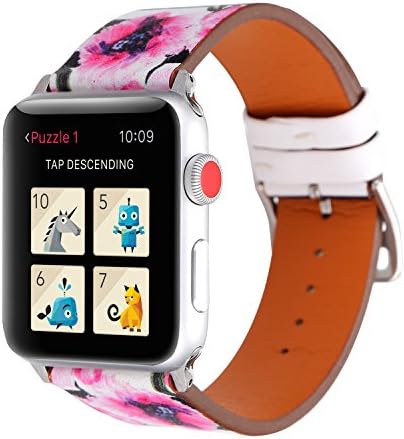 Dxunbands Leather Band for apple watch 42mm Floral Printed Leather Watch Band 38mm 42mm Strap for Apple Watch Series 3 Series 2 Series 1 Sport and Edition (Stripe Safflower, 38MM)