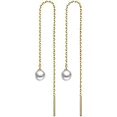WangGao Stainless Steel Cute Imitation Pearl Dangle Earrings Long Chain Tassel Earrings Charms Threader Earrings Woman's Jewelry,Gold