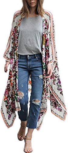 UPLOTER Women's Floral Print Shawl Chiffon Loose Kimono Cardigan Capes (L)