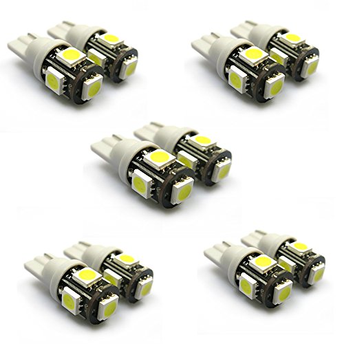 Car Rover Newest 10x W5W 194 168 2825 T10 5-SMD White LED Car Lights Bulb, Used For Signal Lights, Trunk Lights, Dashboard Lights, Parking Lights, With Brighter and Longer Life