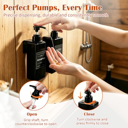 Prebarfun 5Pack Shampoo and Conditioner Dispenser, 500ml Wall Mounted Soap Dispenser, Refillable Shower Bottles, Plastic Pump Bottle with Funnel, Waterproof Labels, for Bathroom, Kitchen,Hotel (Black)