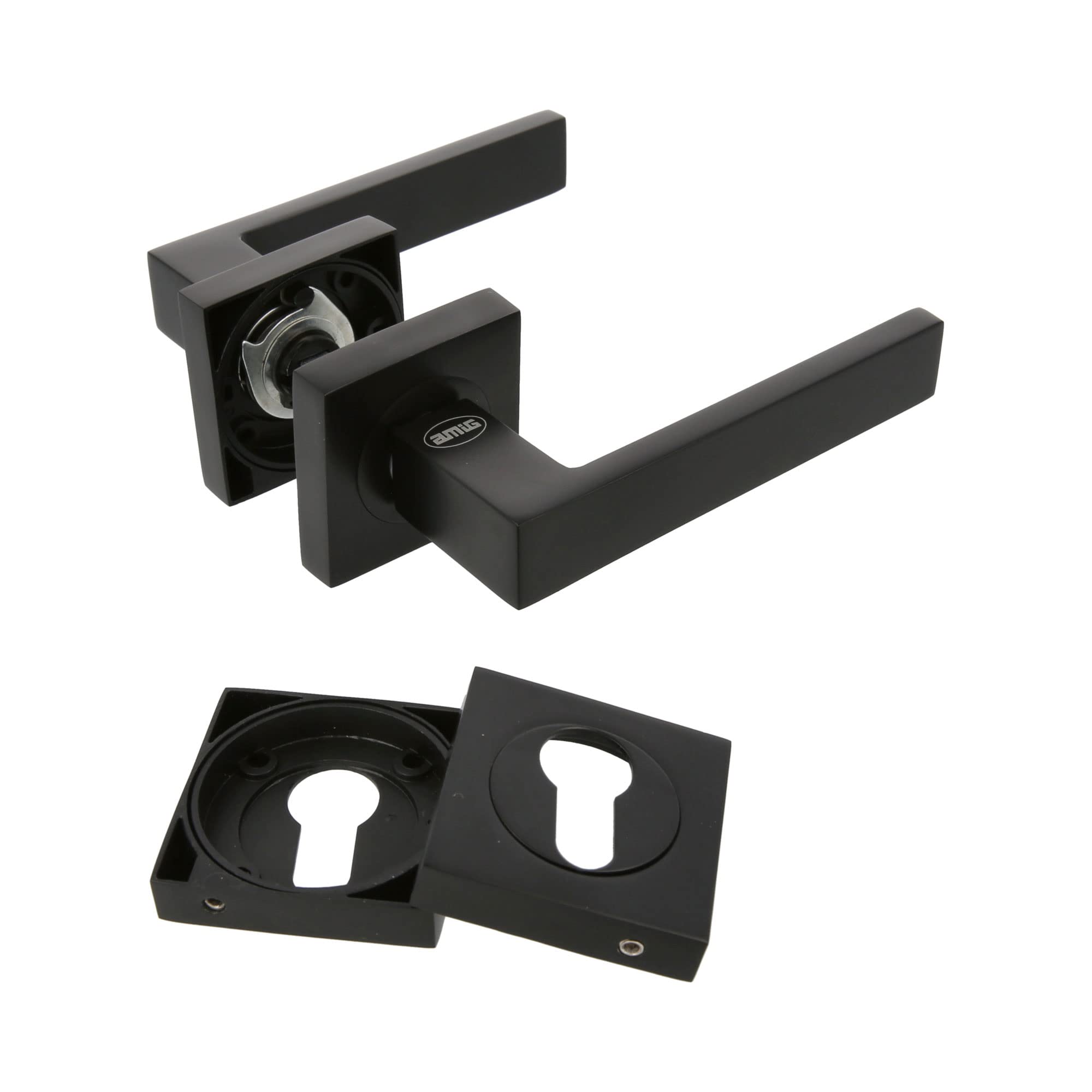 Amig - Door Handle Set - Cadiz Mod. - 52 x 124 mm - Keyhole - Elegant and Simple Design - Ergonomic Grip Handle - Matte Black Zamak