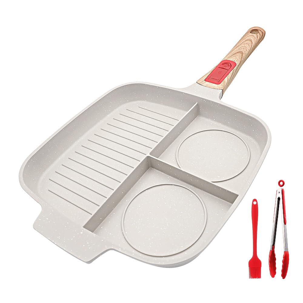 Bobikuke Griddle Pan with Detachable Handle, Non Stick Sectional Skillet Grill Pan Induction 3 Section Divided Breakfast Pan Meal Skillet - White
