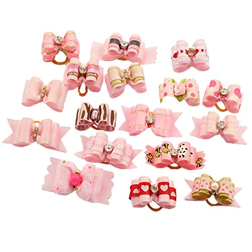 PET SHOW Assorted Styles Ribbon Topknot Dog Hair Bows for Small Pet Dog Cat Grooming Products with Rubber Bands Pink Pack of 20