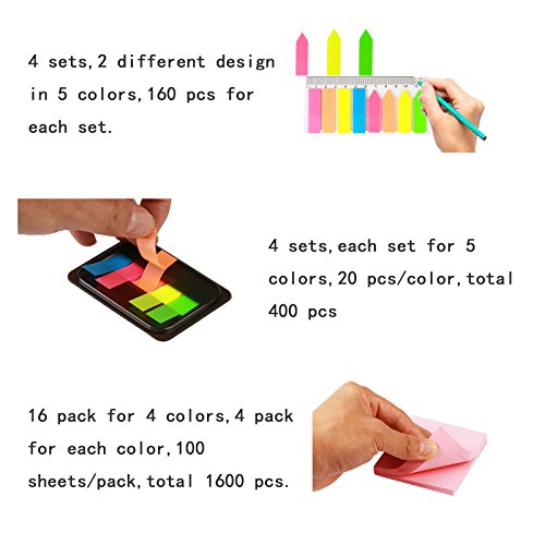 LANMOK 2640 pcs Sticky Notes Neon Pop-up Index Tabs Translucent Page Marker with Rectangular Ruler for Office Home Notebook Document