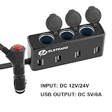 Eletrand USB Car Charger 12V/24V Multi-Function Car Power Adapter with 4 USB Ports 6A + 3-Socket Cigarette Lighter Splitter for Mobile Phones, Tablets, GPS etc|Built-in Power Switch