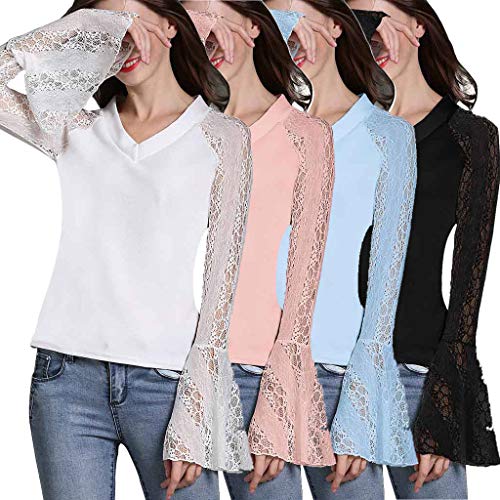 Slim Fit Blouses for Women,SMALLE◕‿◕ Hot Women's Perspective Lace Trumpet Sleeve V-Neck Casual Slim Blouse Blue - Thumbnail 5