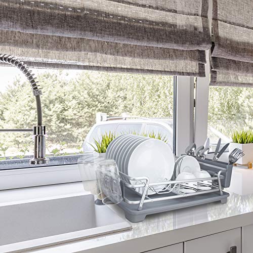 Evelyne GMT-10331 Aluminum Dish Drying Rack With Utensil Holder - Kitchen Countertop Rust Proof Dish Rack And Drainboard Set - Large Dish Organizer Rack