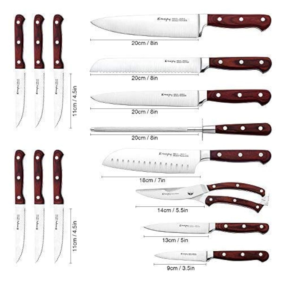 EMOJOY Knife Set 15 Pcs German Stainless Steel W/ Block Wooden Chef