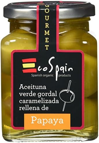 Green Olive Gordal (Big) Stuffed with caramelized Papaya. Gourmet Product 300 gr.