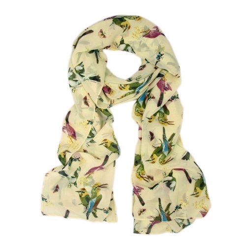 Elegant Birds & Butterflies Print Fashion Scarf, Cream