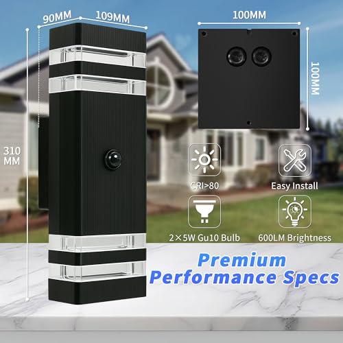 YOVGQOLV PIR Outdoor Wall Lights with Motion Sensor, IP54 Waterproof Up Down Outside Light Mains Powered Square Front Door Porch Light Exterior Sconce Lamp Included 2x5w 3000K GU10 Bulb, Black