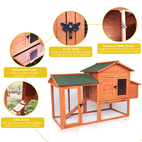 AthLike 65'' Chicken Coop, Outdoor Wooden Moveable Poultry Cage, Multi