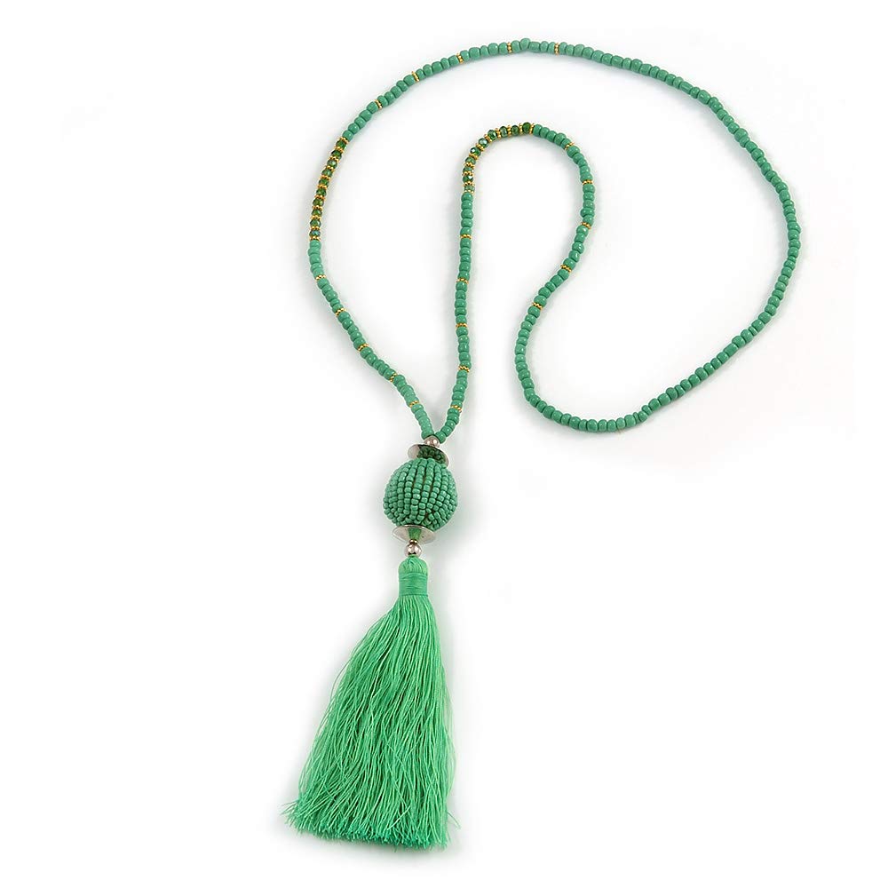 Avalaya Stylish Spring Green Glass Bead Cotton Tassel Necklace/ 72cm L/ 14cm Tassel
