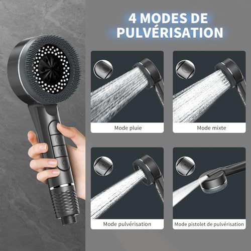 Pommeau Douche Haute Pression,Pommeau De Douche Anti Calcaire,Avec 15 Étapes Filtre*3 et Tuyau 1,5M,Support,4Types de Jets Douchette Douche Salle de Bain,SPA Shower Head Economie,Gris