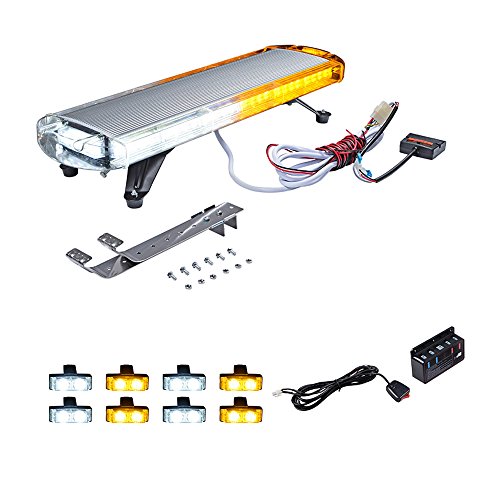 Completed Set Amber White 30 inch 56-LED (1pc) + 8pcs Grilles Light Kit Emergency Hazard Warning Car Tow Truck Plow Response Flashing Strobe Light Bar Kit DC 12V